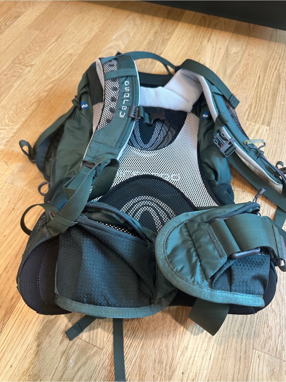 OSPREY Dark Green Backpack with Bright Lime Green Rain Cover Ventilated back - Picture 5 of 14
